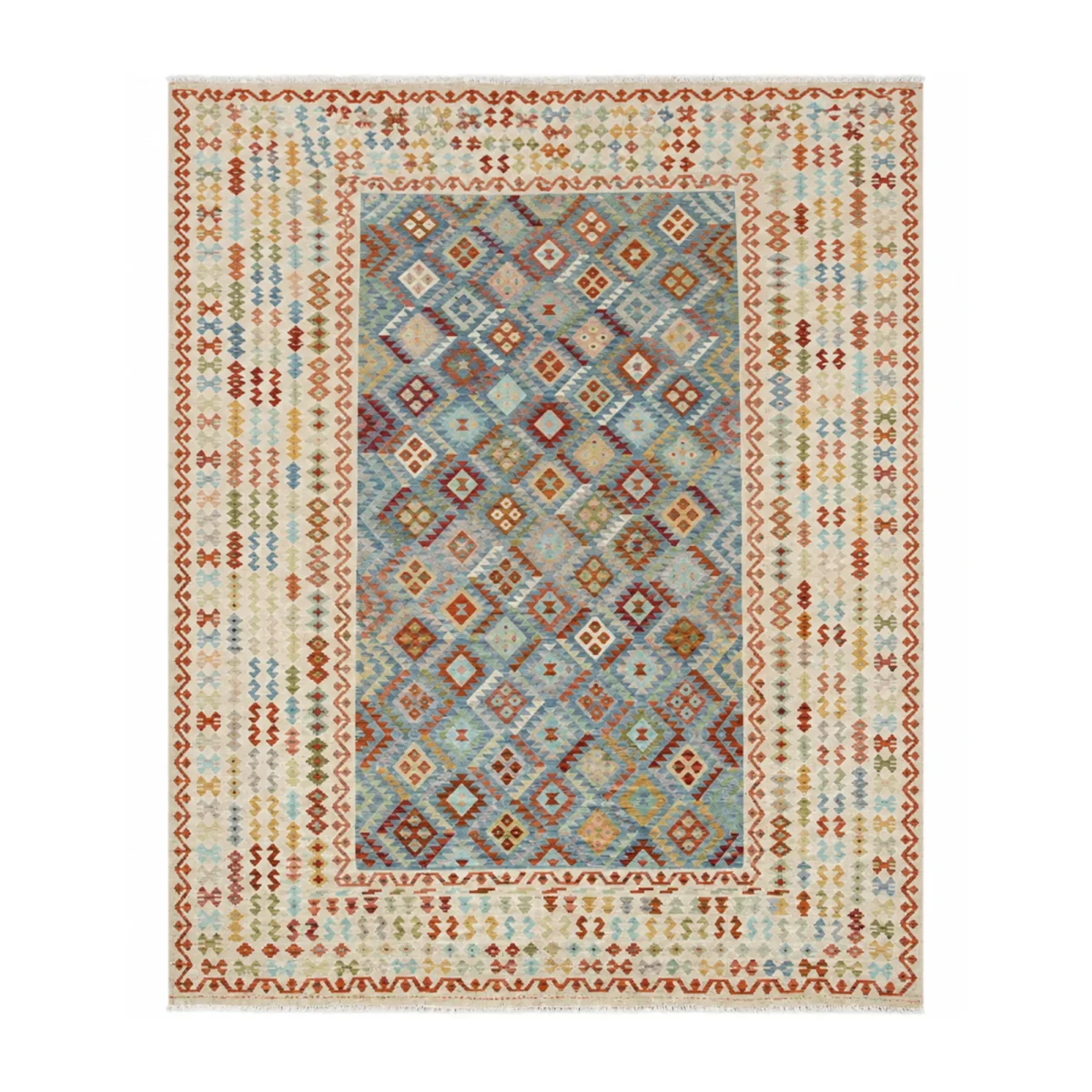 Oversize Kilim Rug Blue Geometriic Flatweave Carpet