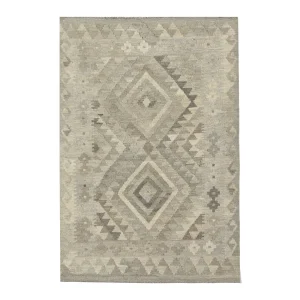 Grey Geometric Kilim Rug Small Wool Carpet
