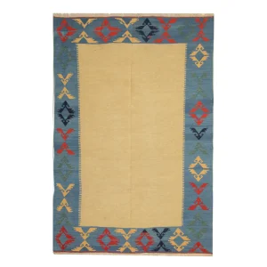 Yellow Kilim Rug, Plain Gold Wool Carpet