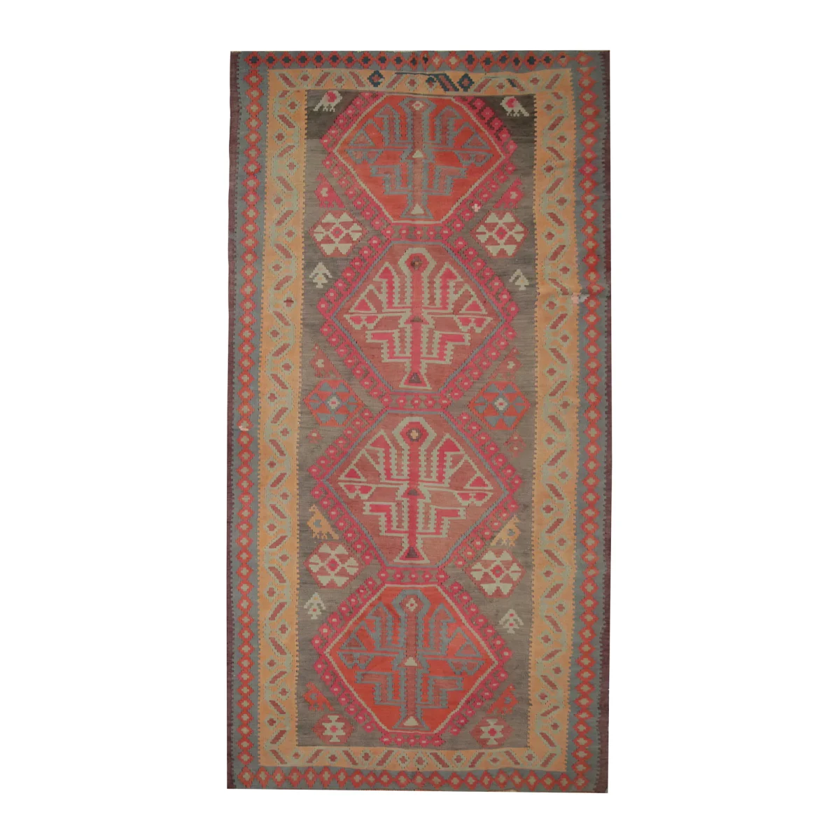 Vintage Khaki Pink Persian Kilim Rug 1960