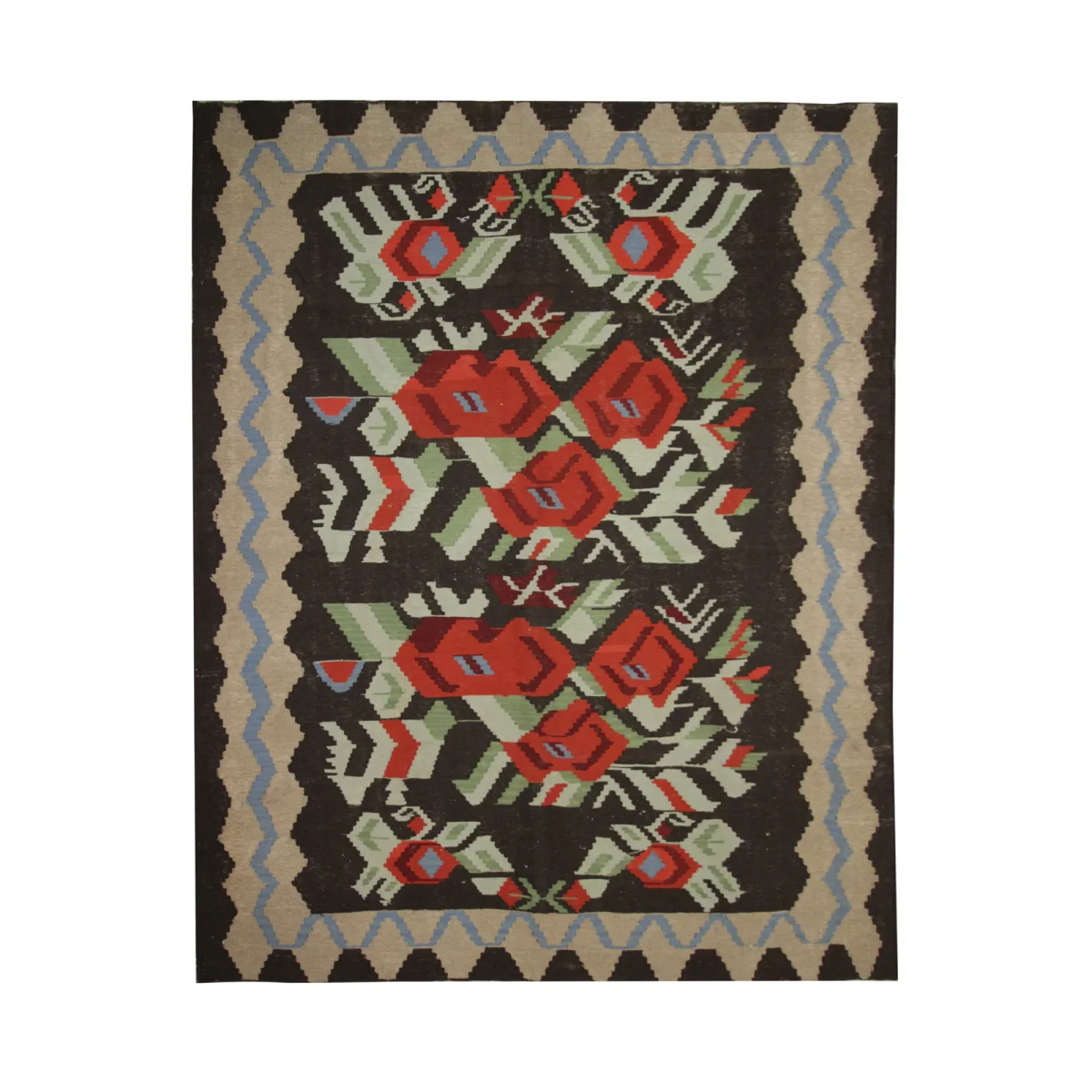 Vintage Black Floral Moldovian Kilim Rug 1980