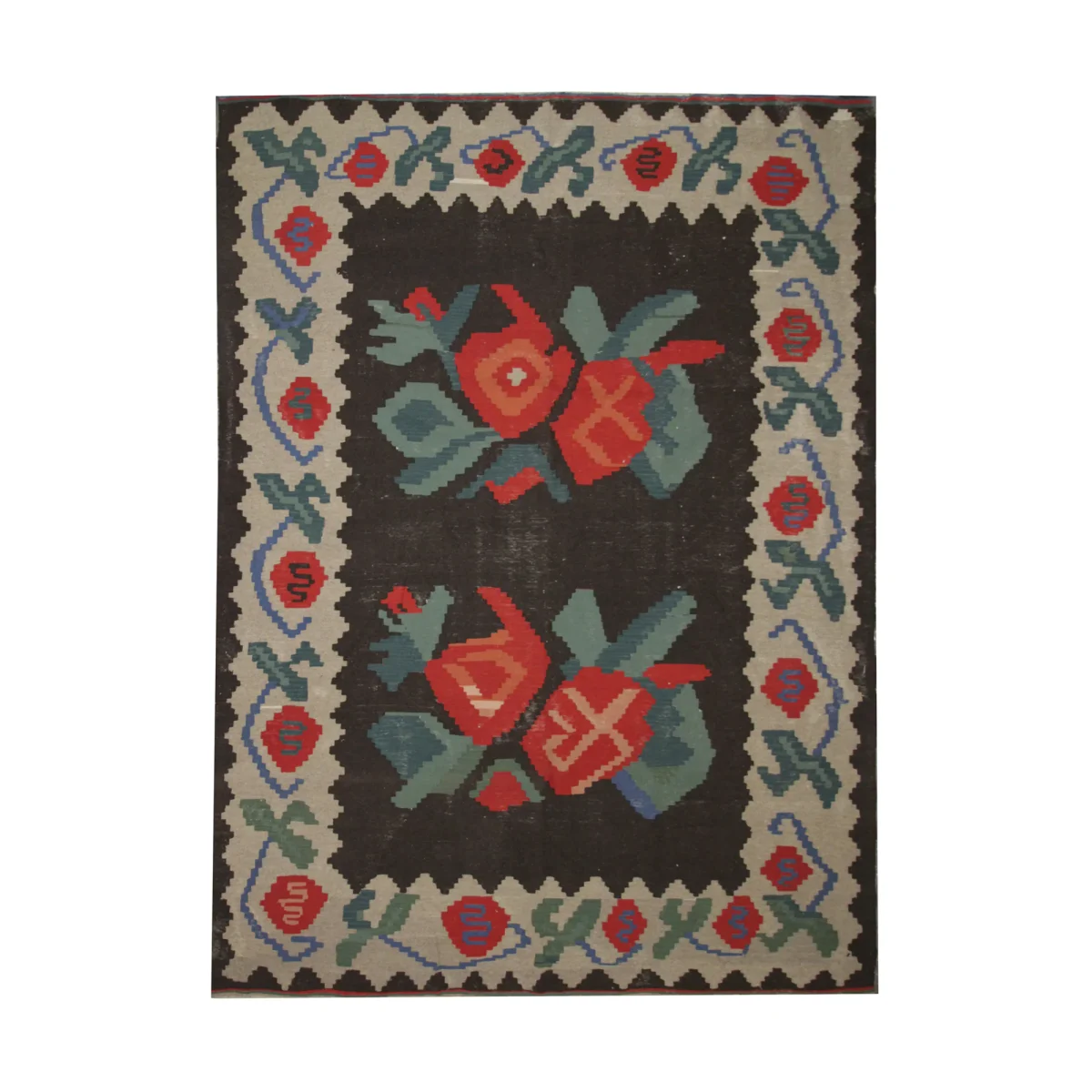 Black Floral Moldovian Kilim Rug 2020