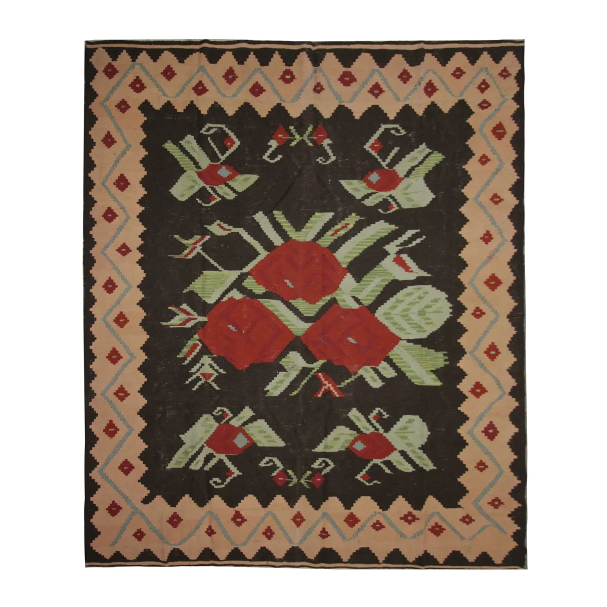 Vintage Moldovian Floral Geometric Kilim Rug 1980