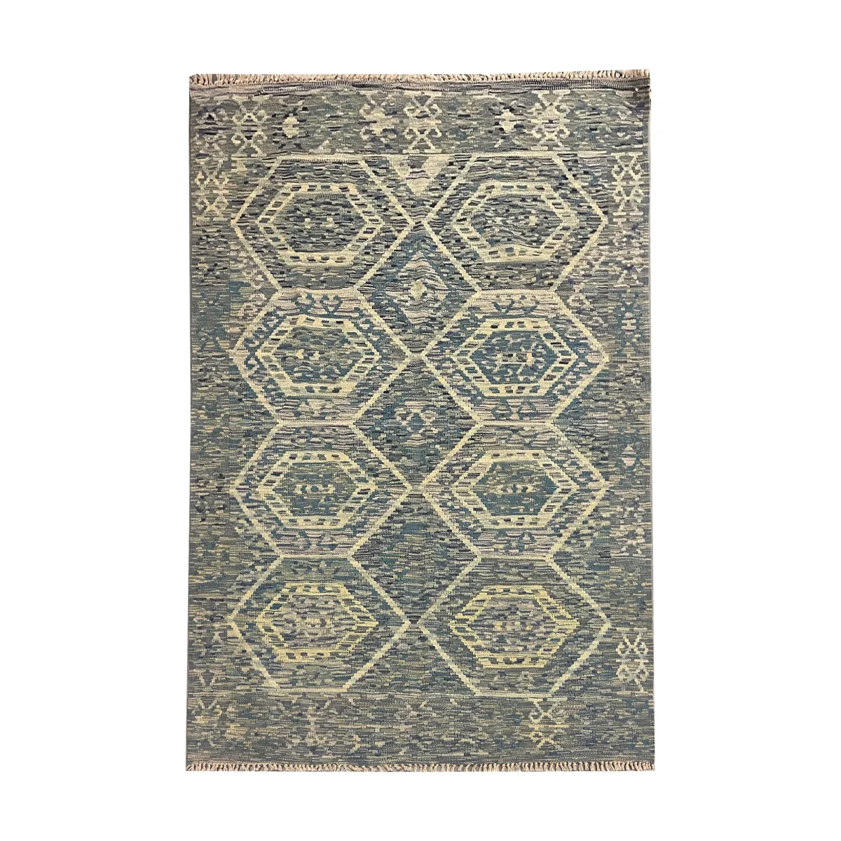 Grey Blue Kilim Rug Geometric Wool Carpet