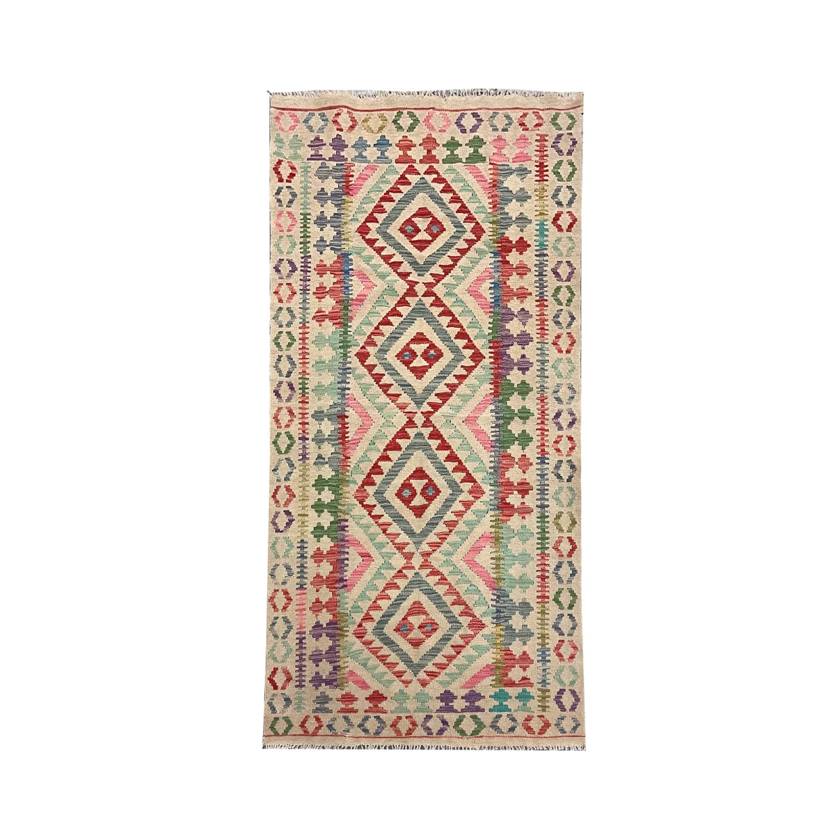 Contemporary Pink Kilim Rug Geometric Multicolour Runner
