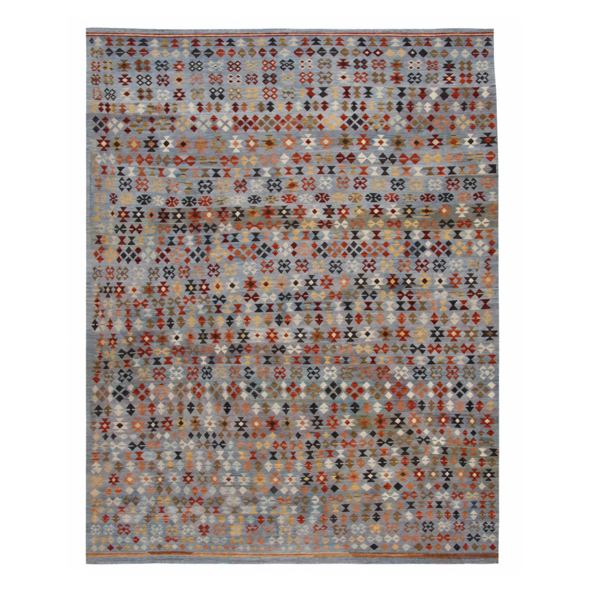 Oversize Kilim Rug, Grey Blue Wool Tribal Carpet